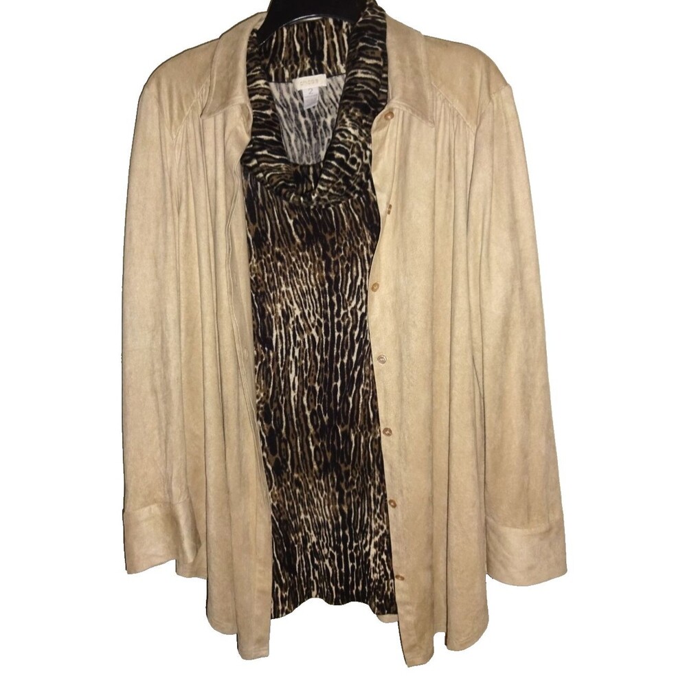 Chico's Two Piece Faux Suede Shirt & Sweater Leopard Print Women's Size 2 (12)